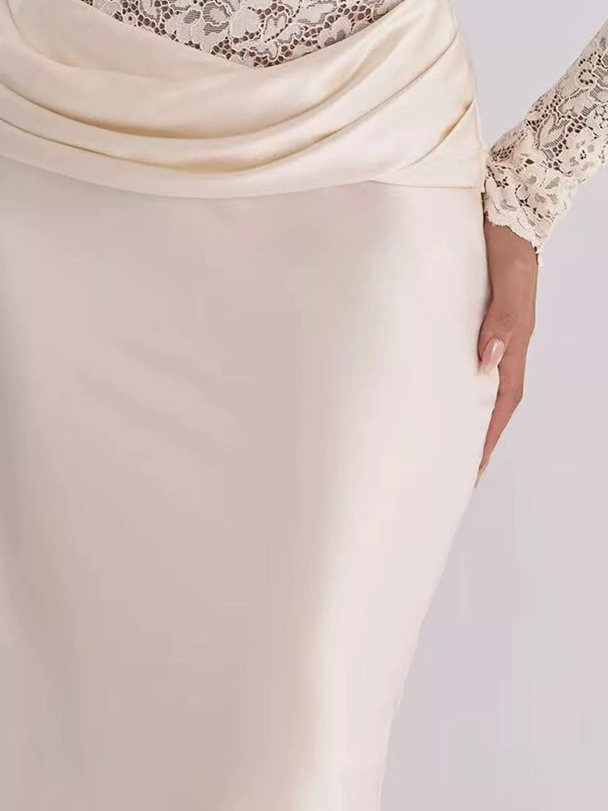 Long-Sleeve Bodycon Maxi Dress with Sheer Lace, Satin Patchwork and Ruched Details
