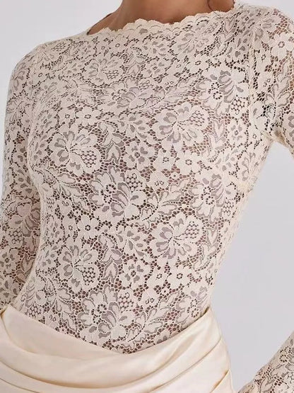 Long-Sleeve Bodycon Maxi Dress with Sheer Lace, Satin Patchwork and Ruched Details