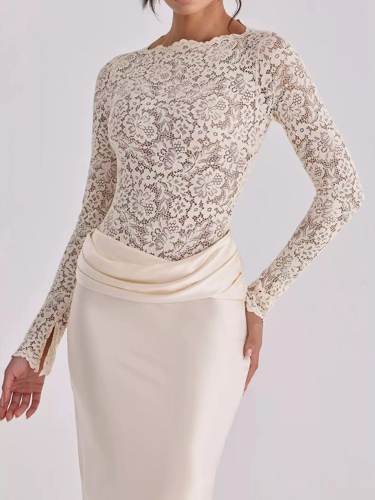 Long-Sleeve Bodycon Maxi Dress with Sheer Lace, Satin Patchwork and Ruched Details Ivory