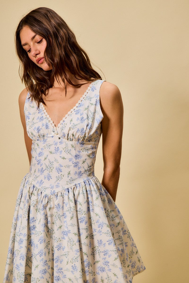Fit And Flare Floral Print V Neck Cotton Mini Dress - Mini Dresses