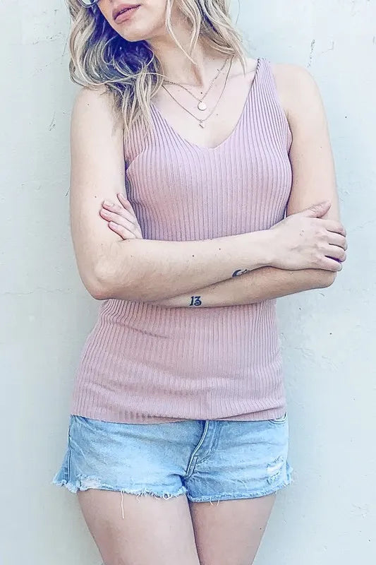 Ribbed Knit Slim Tank Top - Mauve Tank Tops