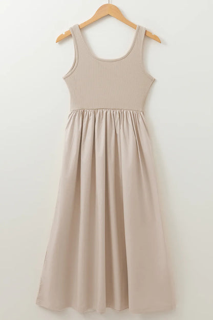 Women's Scoop Neck Ribbed Bodice Sleeveless Midi Tank Dress - Midi Dresses