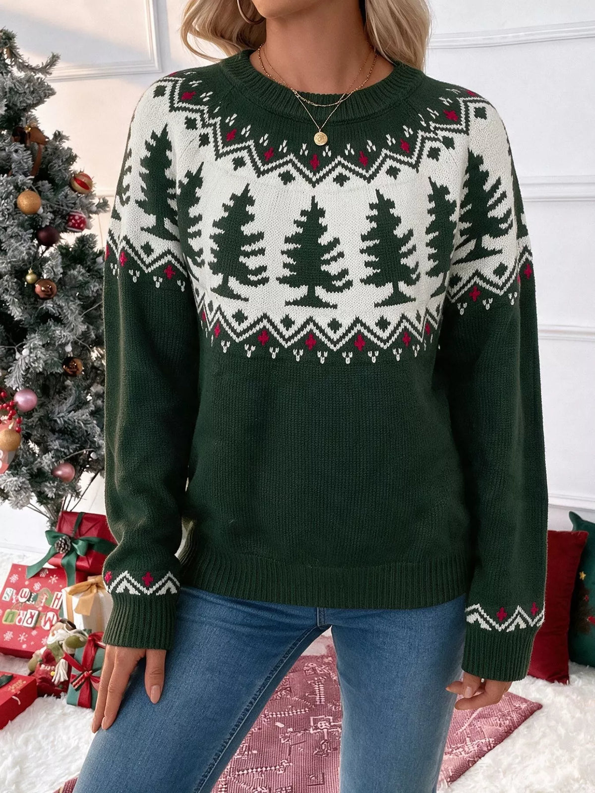Christmas Tree Pattern Round Neck Stretch Knit Sweater