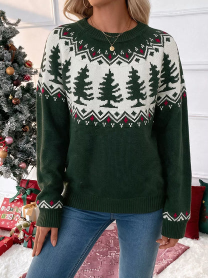 Christmas Tree Pattern Round Neck Stretch Knit Sweater