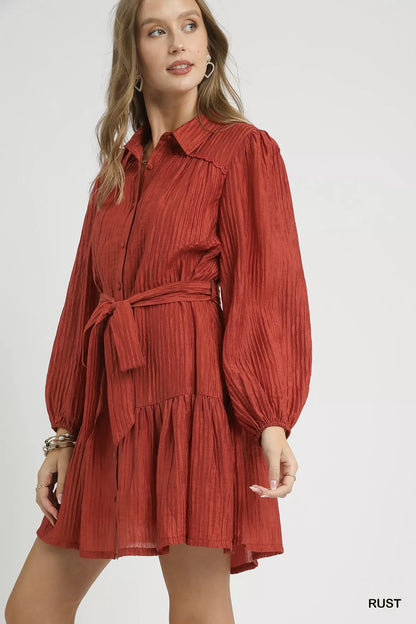 Button-Front Crinkle Textured Long Sleeve with Waist Tie Mini Dress | Trendy Mini Dresses Outfit Idea for Women by Ro + Ivy | Elevated Basics, Modern Comfort & Style