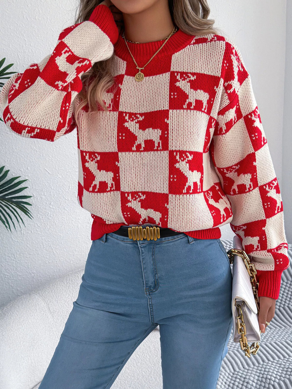 Reindeer Checkerboard Pattern Pullover Sweater