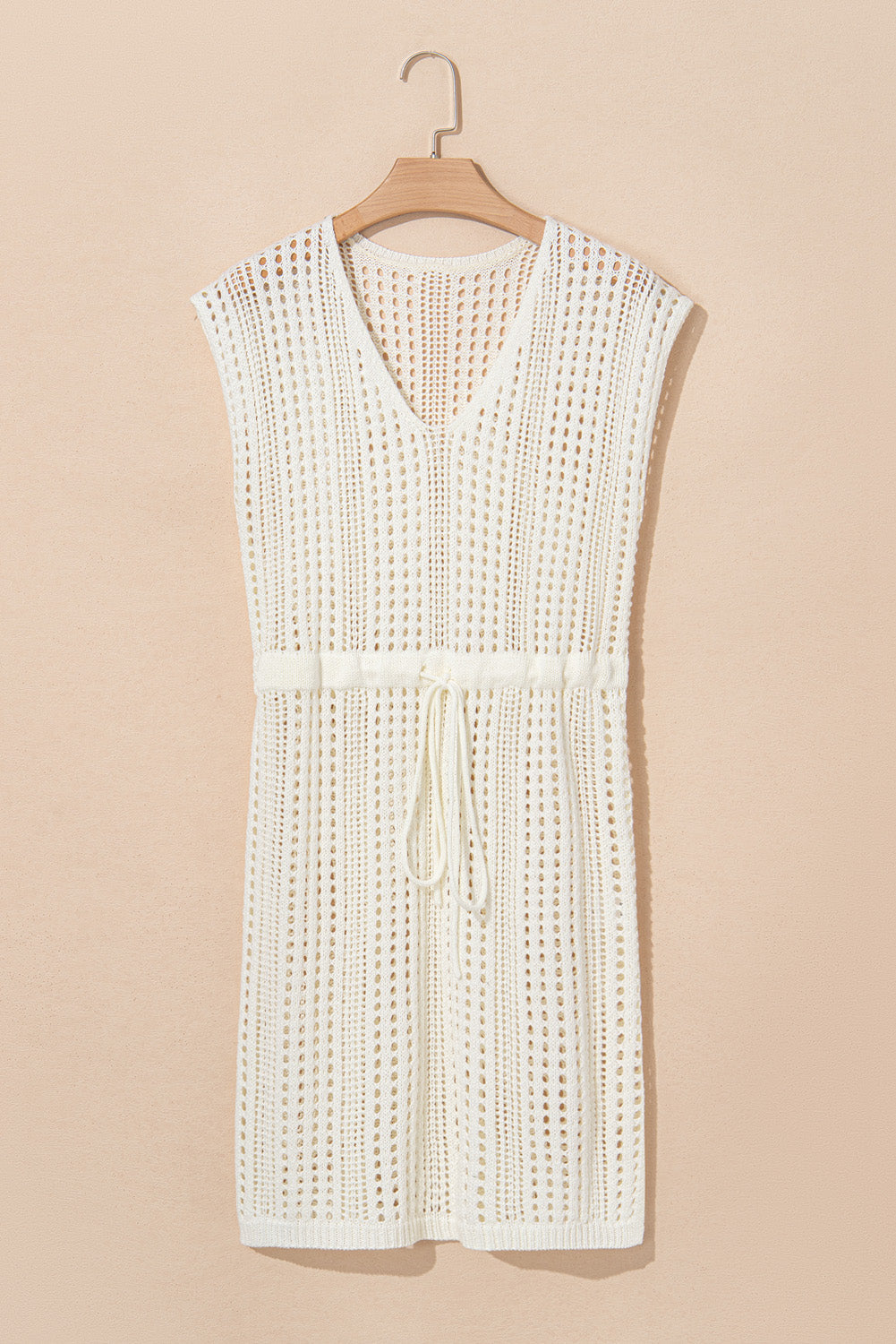 Crochet Open Knit Drawstring Waist Sleeveless Beach Cover-Up Dress — Elegant Warm-Weather Style - Swimwear/Beach Cover-ups
