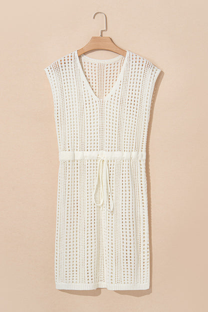 Crochet Open Knit Drawstring Waist Sleeveless Beach Cover-Up Dress — Elegant Warm-Weather Style - Swimwear/Beach Cover-ups