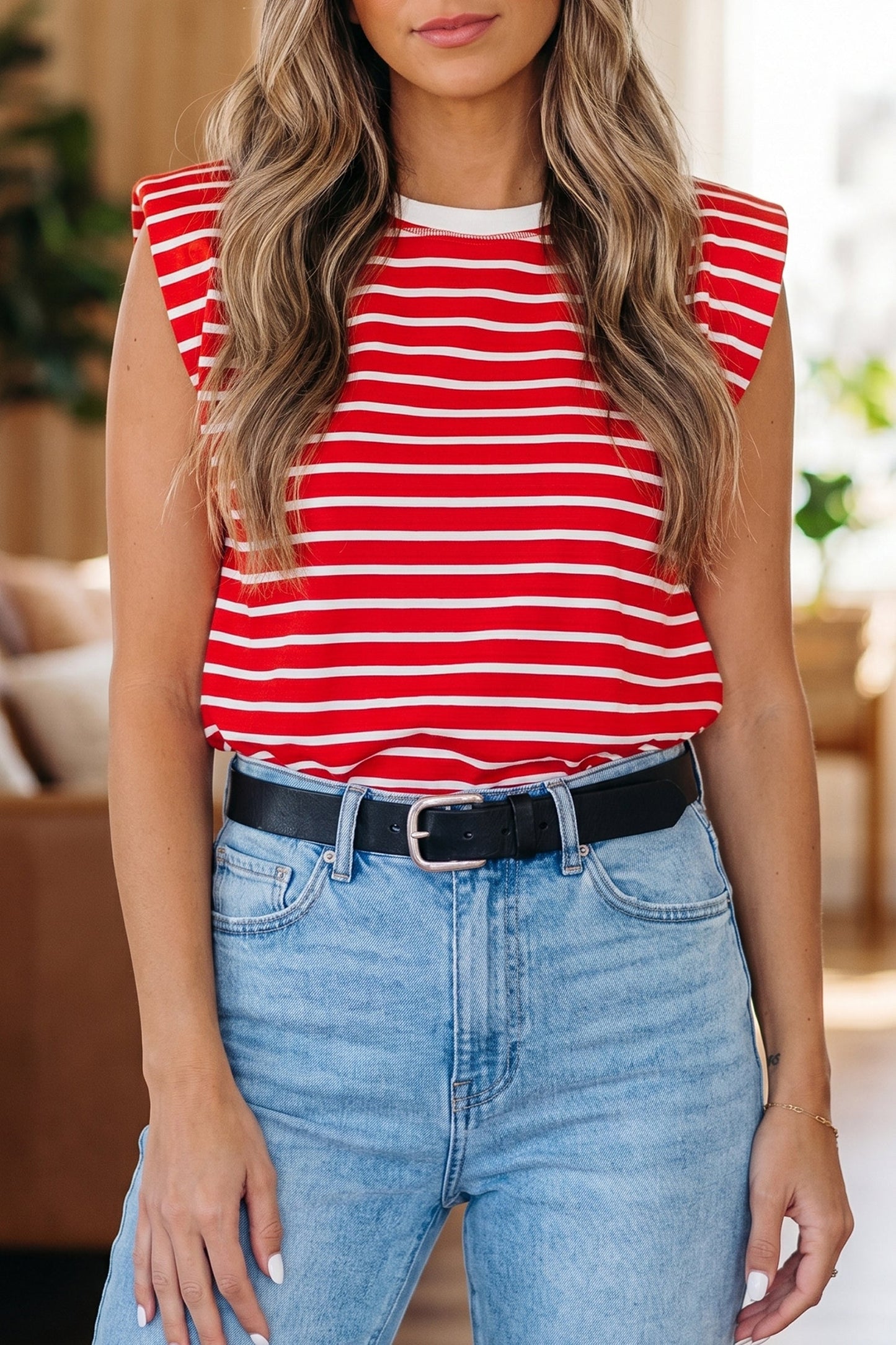 Striped Trim Loose Sleeveless Tank Top — Classic Chic Versatile Everyday Style - Red Stripe Tank Tops