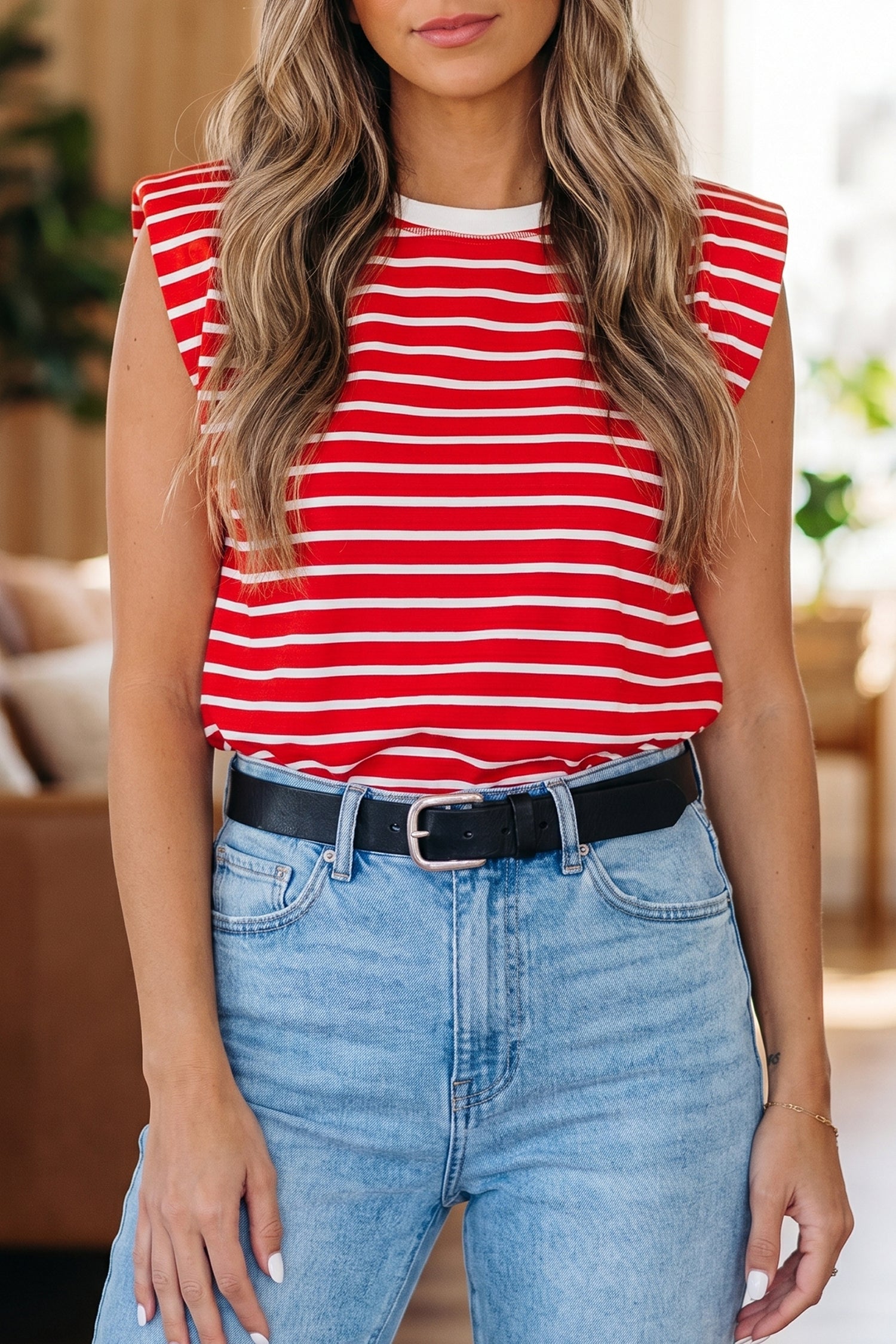 Striped Trim Loose Sleeveless Tank Top — Classic Chic Versatile Everyday Style - Red Stripe Tank Tops