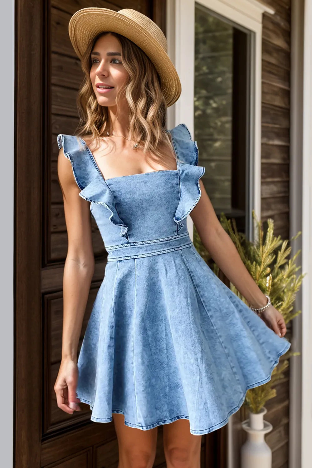 Ruffled Sleeveless Square Neck Mini Dress - Mini Dresses