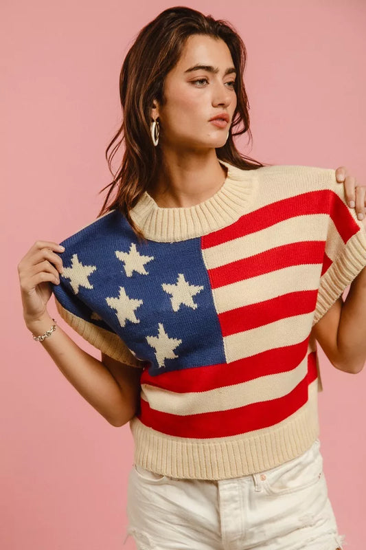 Star Patches American Flag Sleeveless Knit Sweater — Patriotic Festive Cozy Statement Style - Vivid Red Sweaters
