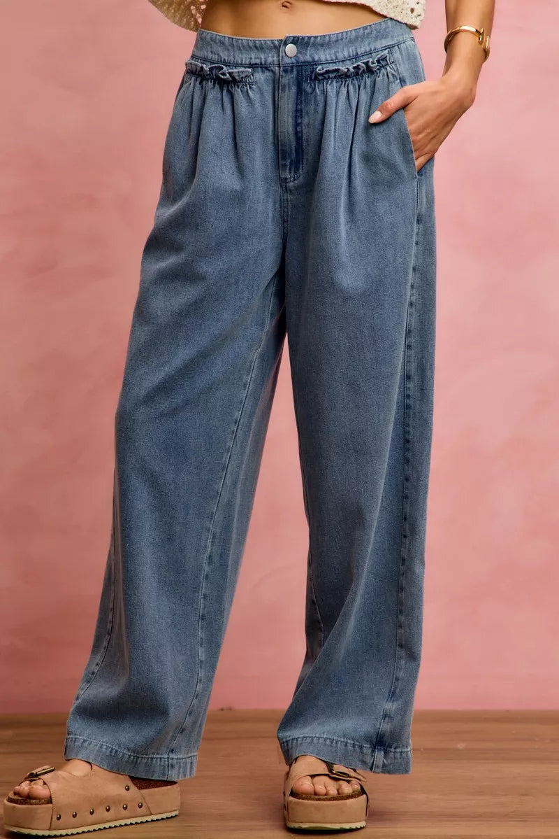 Women's Ruffle Front Mid Rise Wide Leg Jeans - Jeans