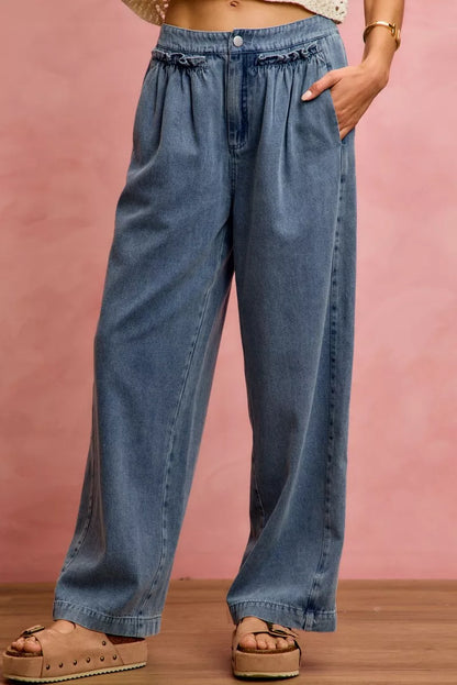 Women's Ruffle Front Mid Rise Wide Leg Jeans - Jeans
