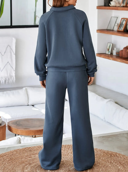 Women's Collared Sweatshirt and High Waist Pants Active Set - Activewear Sets