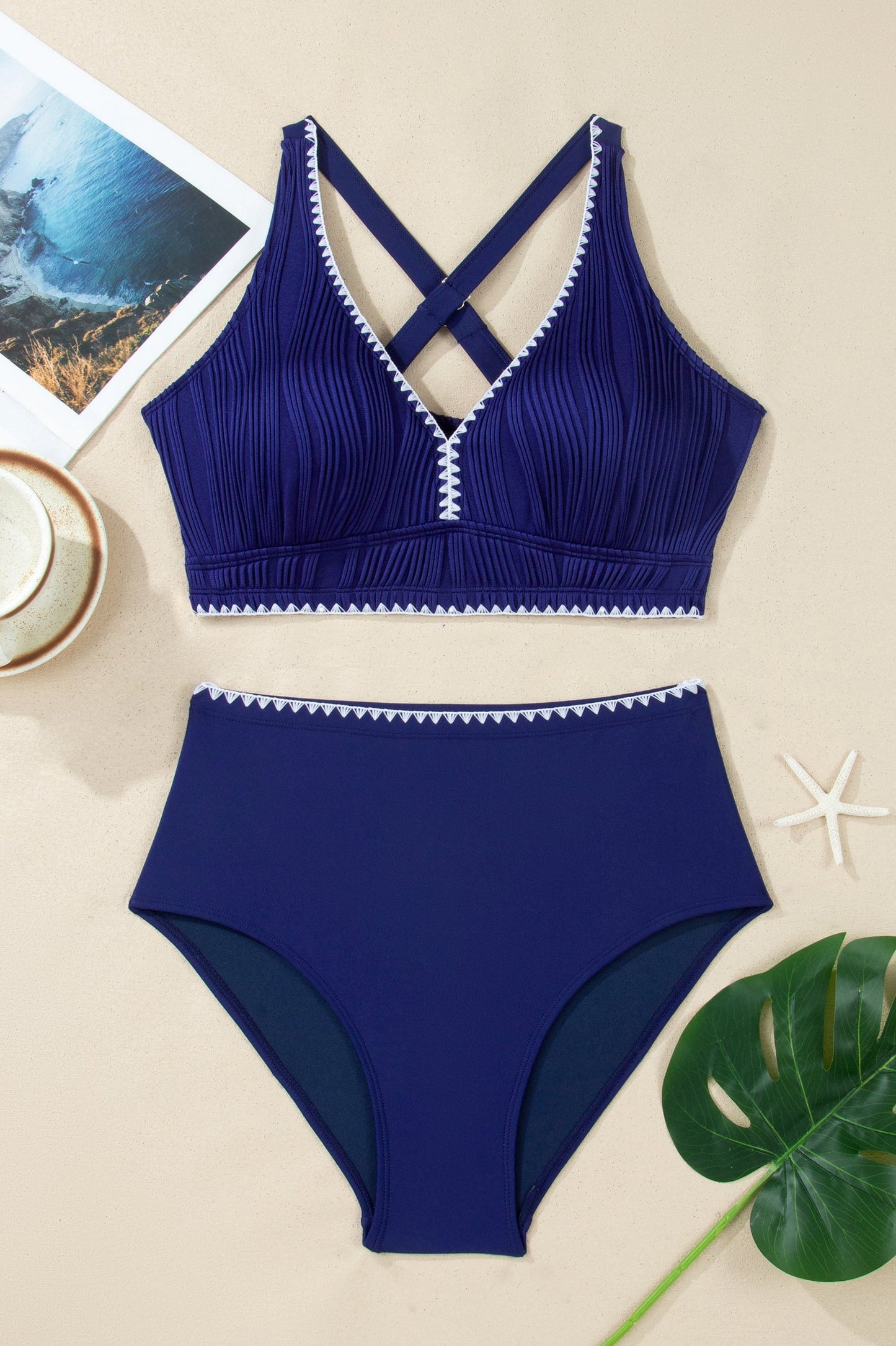 Shell Stitch Trim Textured V-Neck High Waist Bikini Set — Supportive Beach Style - Swimwear/Bikinis