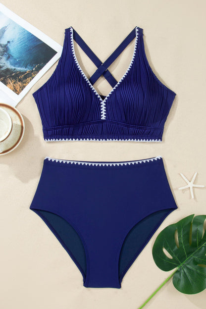 Shell Stitch Trim Textured V-Neck High Waist Bikini Set — Supportive Beach Style - Swimwear/Bikinis