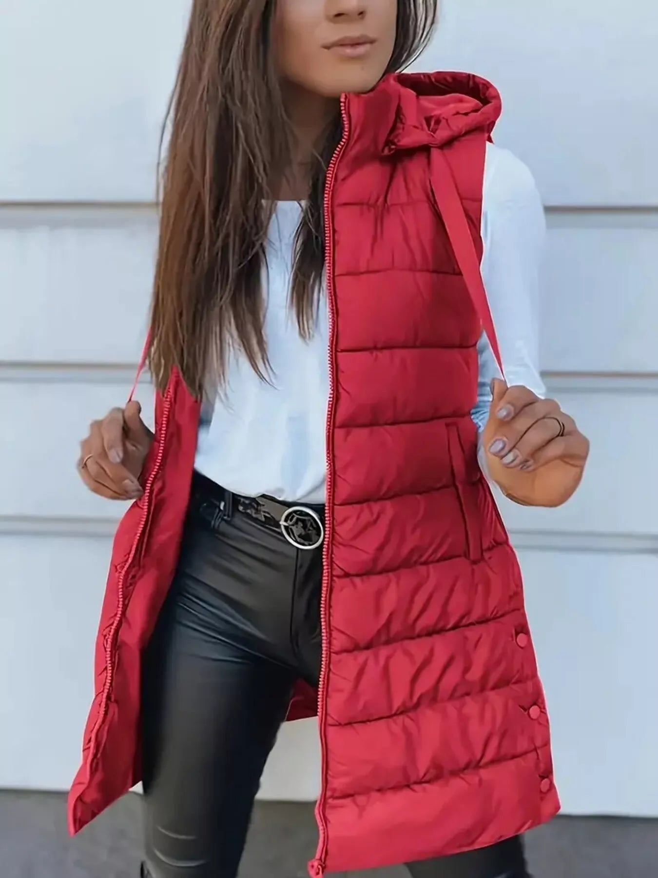 Zip Up Longline Hooded Puffer Vest Bright Red