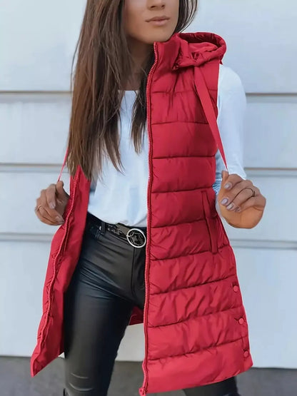 Zip Up Longline Hooded Puffer Vest Bright Red