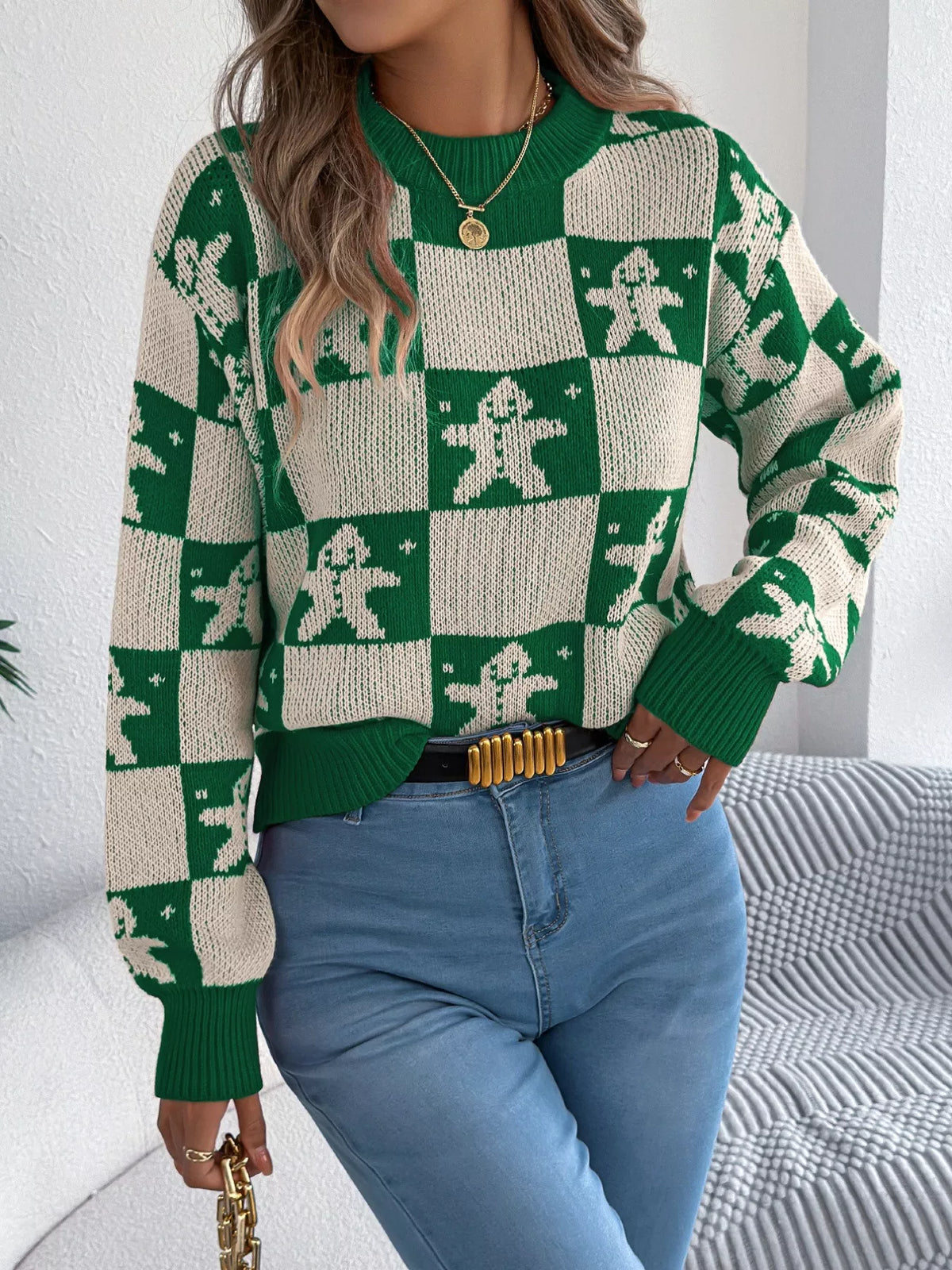 Christmas Checkerboard Gingerbread Print Round Neck Sweater