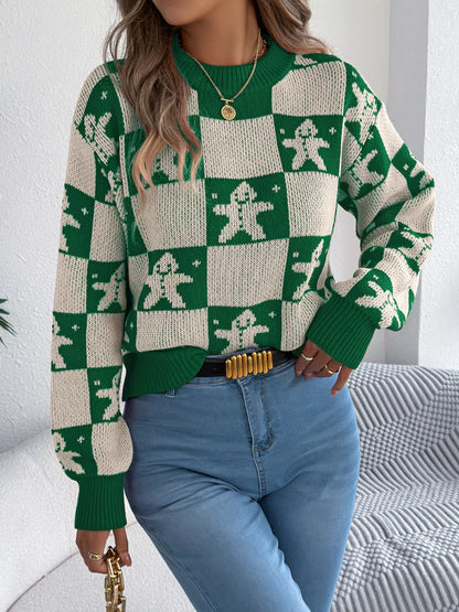 Christmas Checkerboard Gingerbread Print Round Neck Sweater