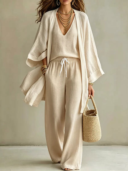 Three-Piece Lounge Set with V-Neck Top, Open Cardigan and Drawstring Pants Khaki
