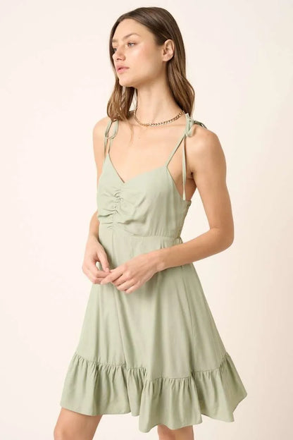 Cotton Ruched Spaghetti Strap Mini Dress - Mini Dresses