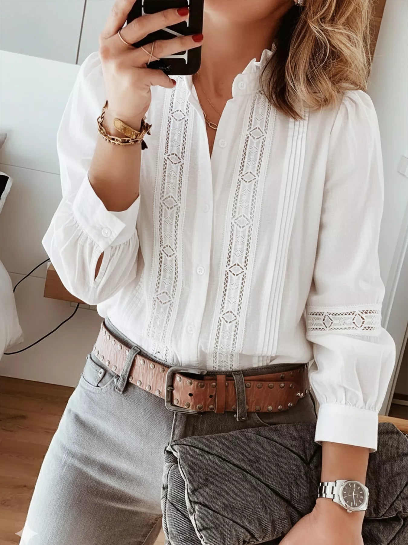 Women's Lightweight Lace Trim Long Sleeve Shirt - White Shirts