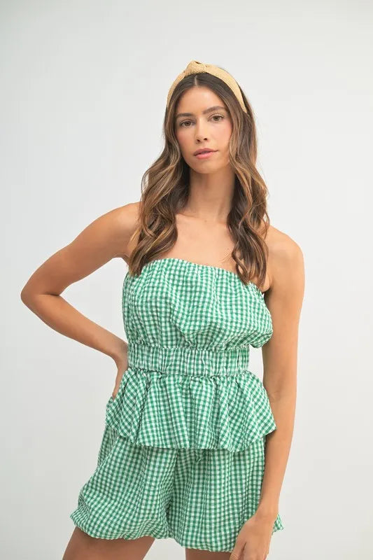 Gingham Strapless Tube Top & Matching Shorts Two-Piece Set — Trendy Warm Weather Cute Style - Outfit Sets
