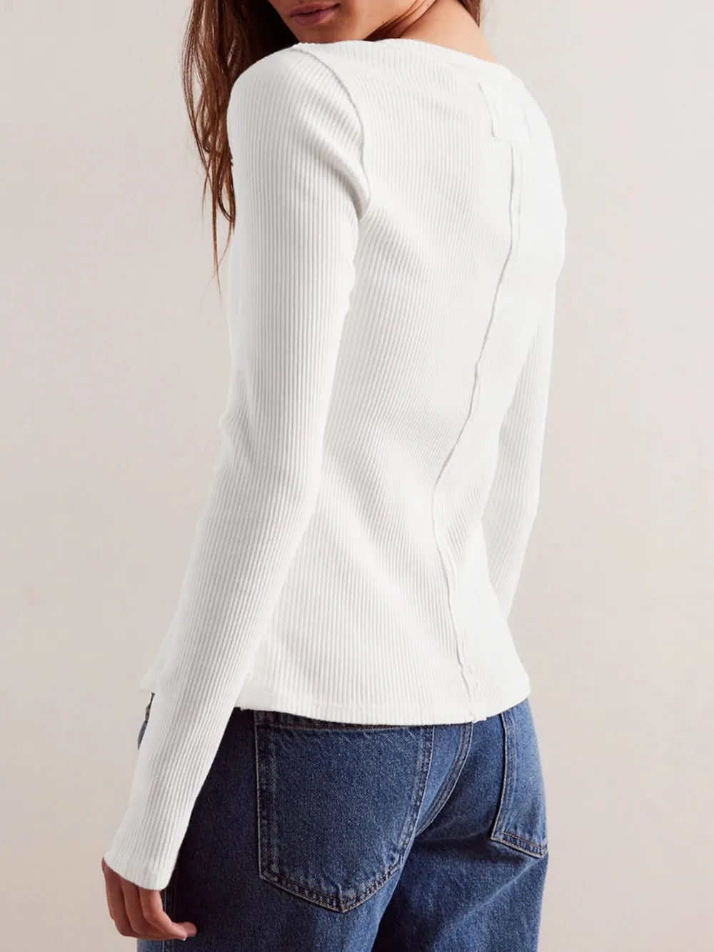 Ribbed Round Neck Button Up Long Sleeve Top - Tops