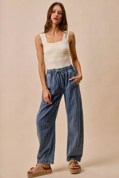 Stripe Denim Barrel Jeans Drawstring Waistband | Trendy Jeans Outfit Idea for Women by Ro + Ivy | Elevated Basics, Modern Comfort & Style
