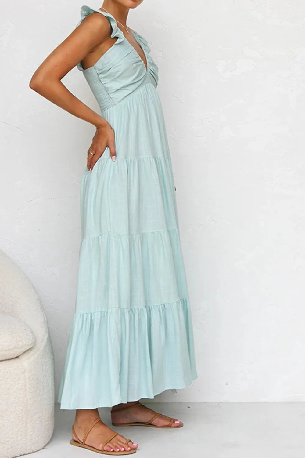 Women's Ruffled V-Neck Tiered Maxi Dress - Maxi Dresses