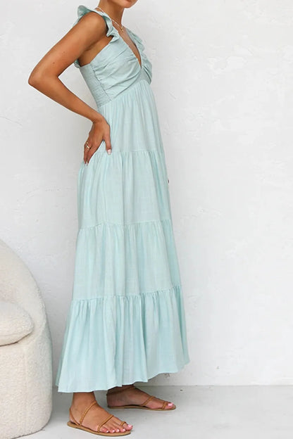 Women's Ruffled V-Neck Tiered Maxi Dress - Maxi Dresses