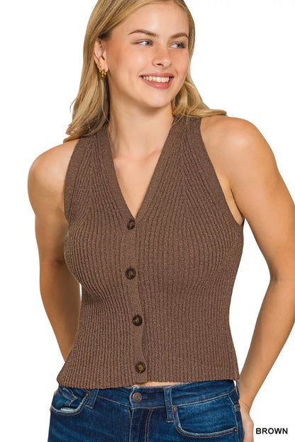 Ribbed Button-Down Knit Vest Top in Brown | Trendy Knit Vests Outfit Idea for Women by Ro + Ivy | Elevated Basics, Modern Comfort & Style