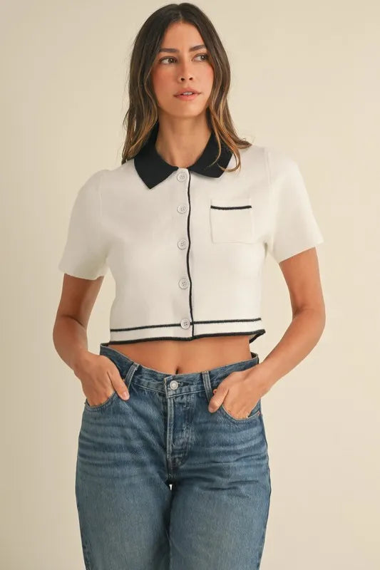 Button Down Contrast Collared Knit Cardigan - Cardigans