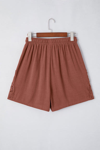 High Waist Drawstring Shorts With Crochet Side Detail — Relaxed Breathable Casual Style - Casual Shorts