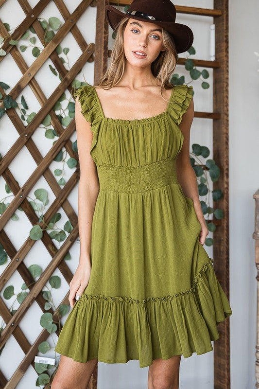 Ruched Waist Ruffled Sleeveless Knee Length Dress – outfit idea for women | Ro + Ivy