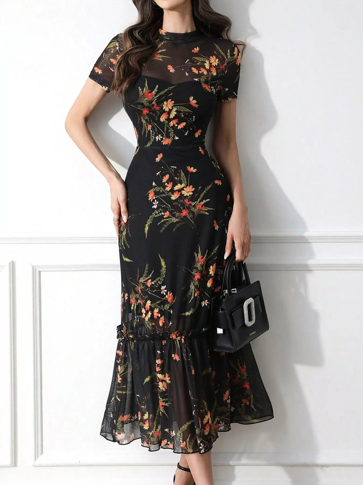 Floral Print Bodycon Midi Dress with Sheer Overlay and Ruffle Hem
