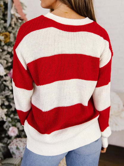 Striped Merry Christmas Drop-Shoulder Long-Sleeve Sweater