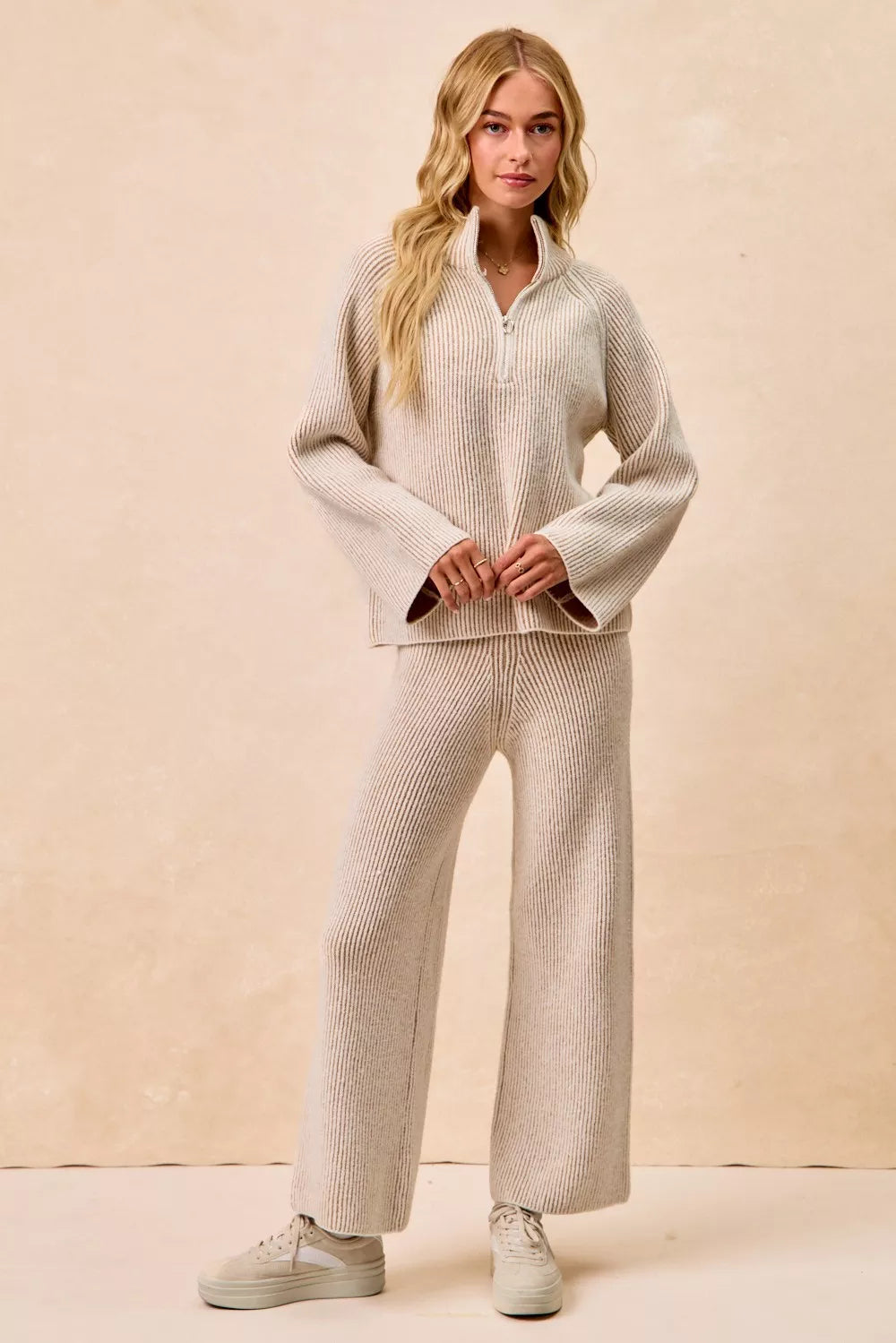 Two Tone Ribbed Knit Collared Zip Up Sweater | Trendy Sweaters Outfit Idea for Women by Ro + Ivy | Elevated Basics, Modern Comfort & Style