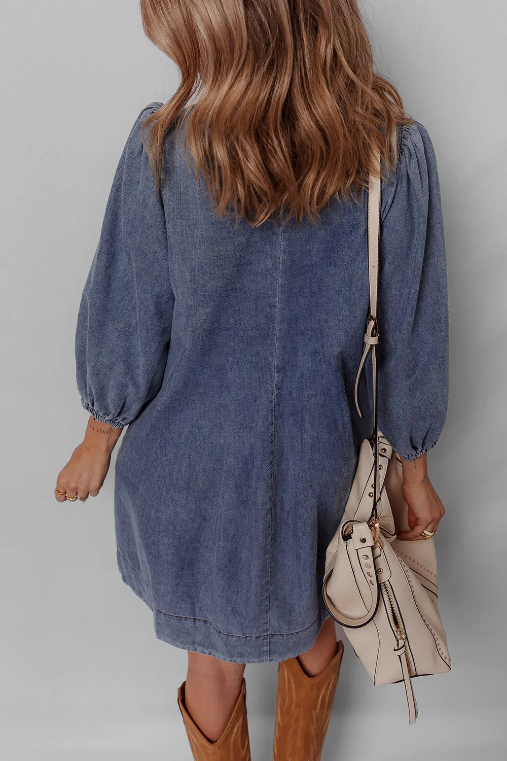 Tie Neck Long Sleeve Mini Denim Dress - Mini Dresses
