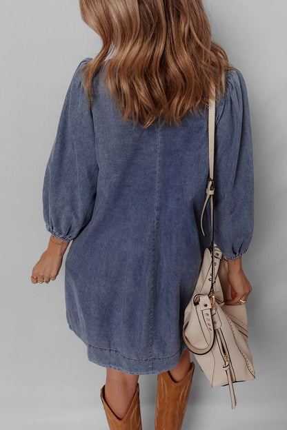 Tie Neck Long Sleeve Mini Denim Dress - Mini Dresses