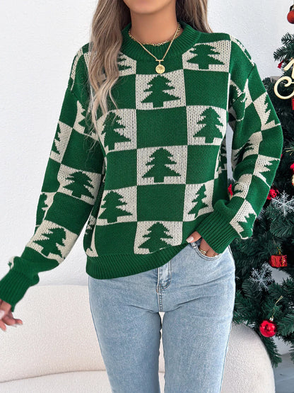 Christmas Tree Checkerboard Pattern Knit Sweater