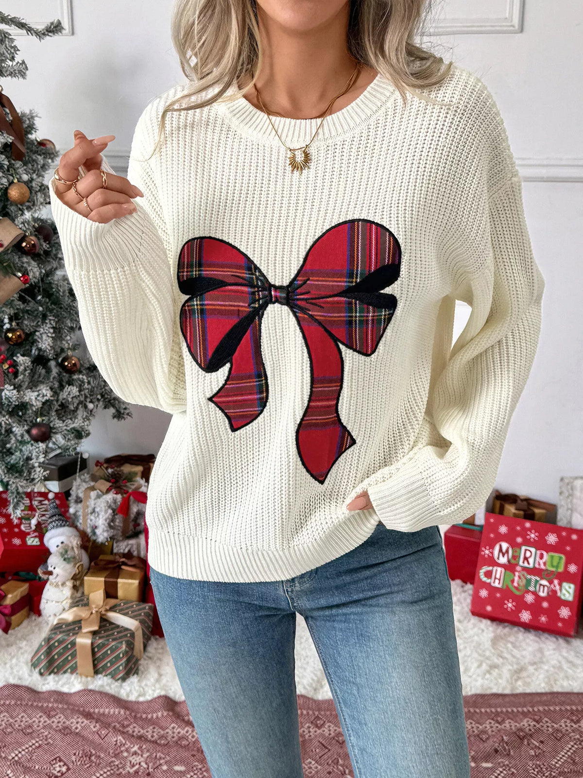 Christmas Bow Ribbed Drop-Shoulder Knit Sweater