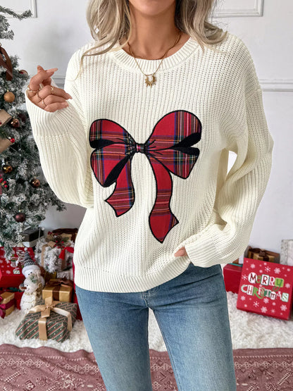 Christmas Bow Ribbed Drop-Shoulder Knit Sweater