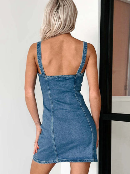 Button Front V Neck Denim Mini Dress - Mini Dresses
