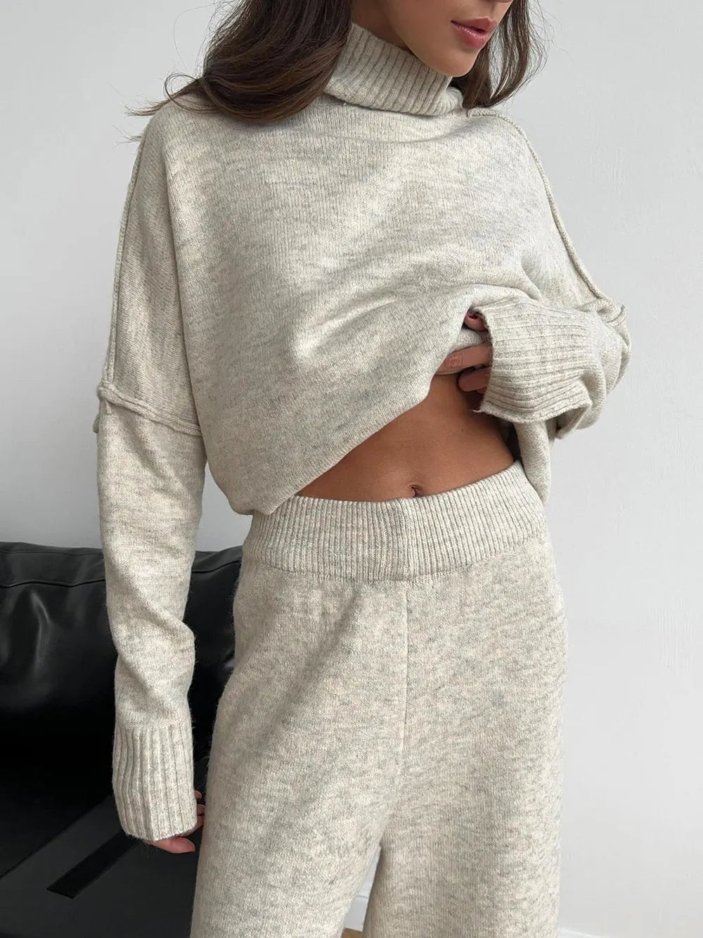 Long Sleeve Turtleneck Top with Slit and Pants Loungewear Set - Loungewear Sets