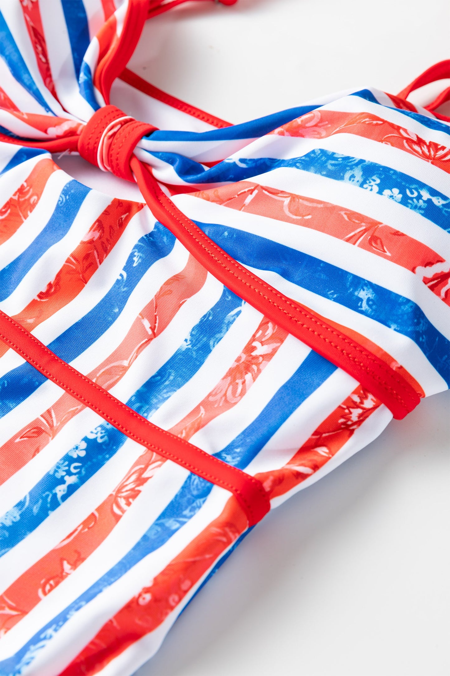 Americana Stars & Stripes Cutout Spaghetti Strap One-Piece Swimsuit — Patriotic Floral Accent Summery Style - One-Piece Swimsuits