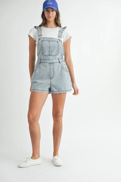 Square Neck Ruffle Shoulder Denim Overall Romper - Rompers