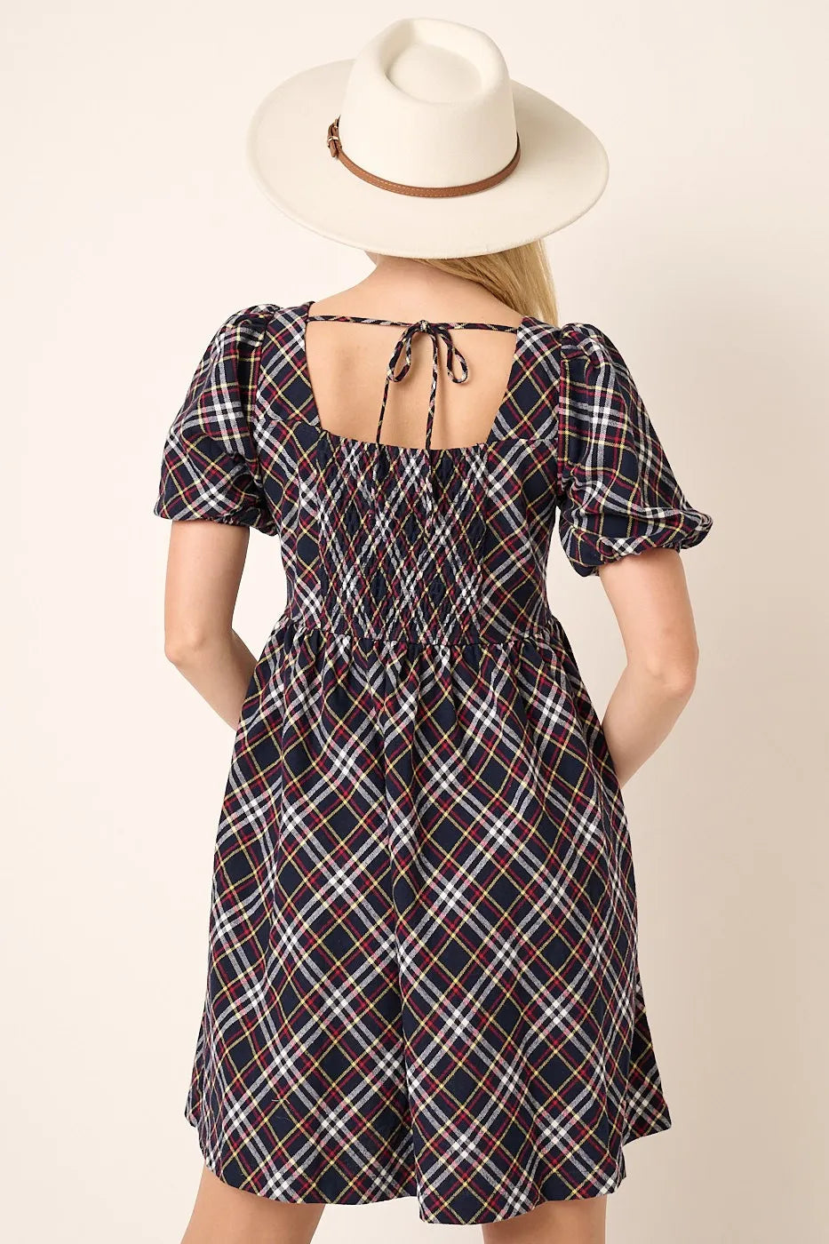 Checkered Print Puff Sleeve Babydoll Mini Dress – outfit idea for women | Ro + Ivy